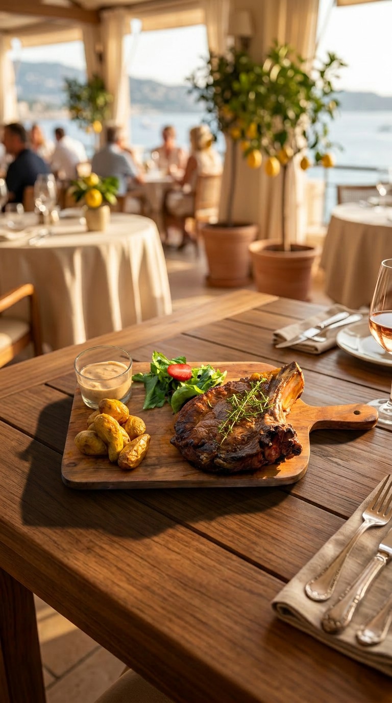 Côte de bœuf servie sur planche en terrasse face à la mer