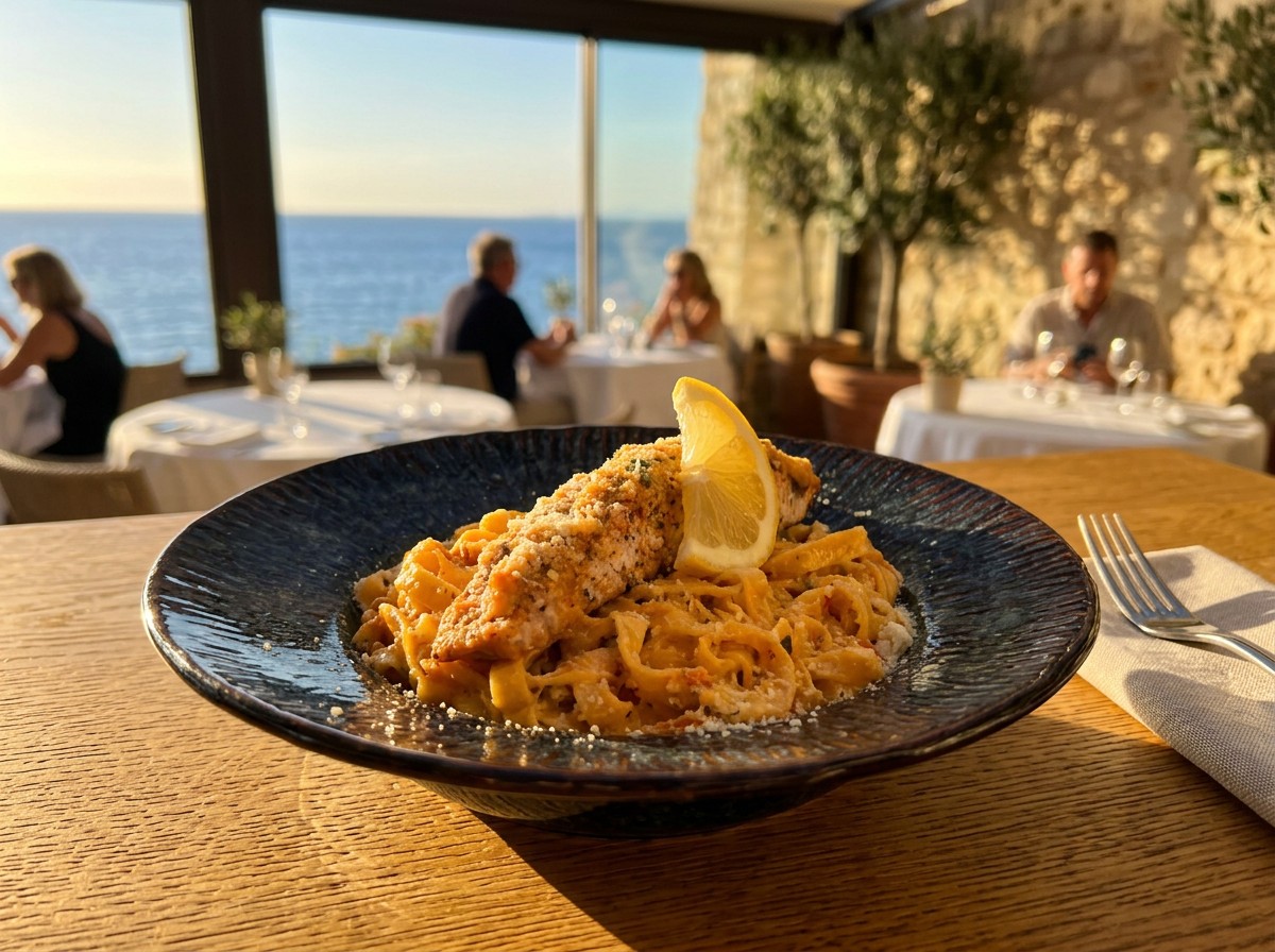 Pâtes au saumon servies face à la mer
