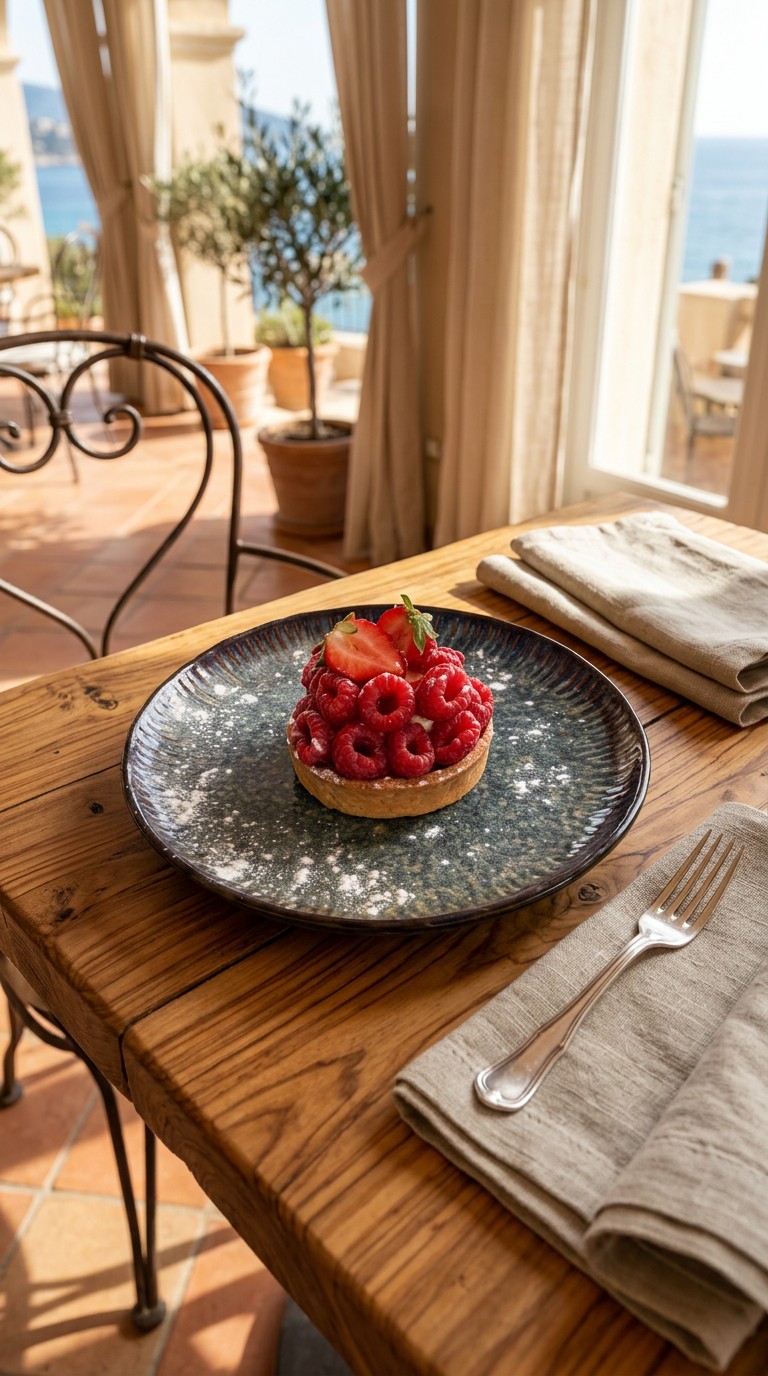 Tarte à la framboise sur assiette en céramique, terrasse méditerranéenne